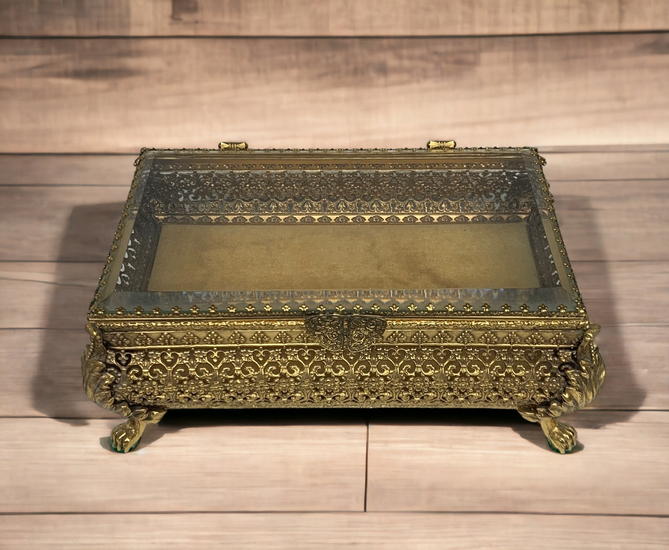 Gorgeous Glass Top Golden Clawfoot Jewelry Box