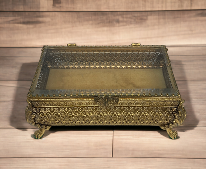 Gorgeous Glass Top Golden Clawfoot Jewelry Box