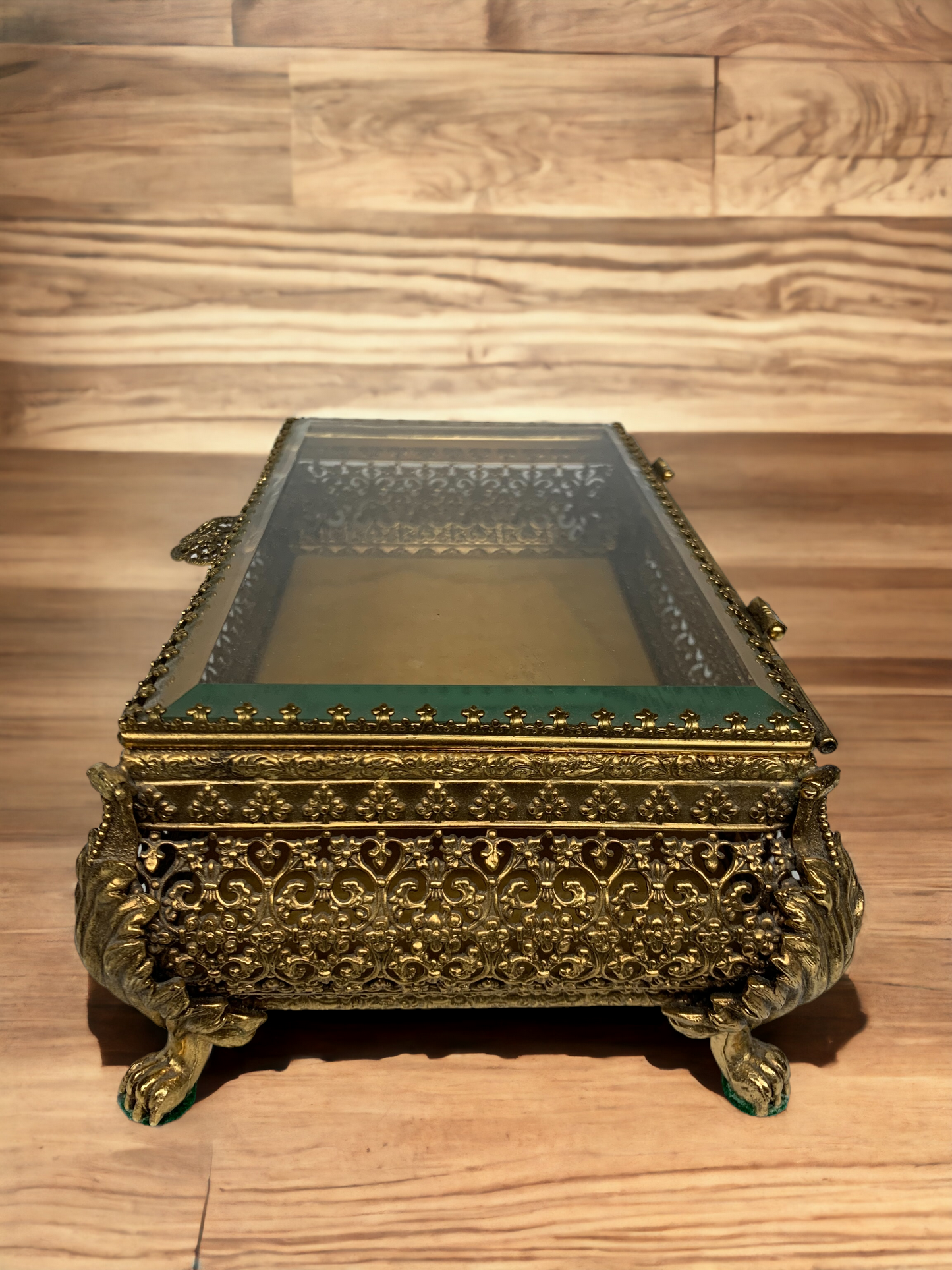 Gorgeous Glass Top Golden Clawfoot Jewelry Box