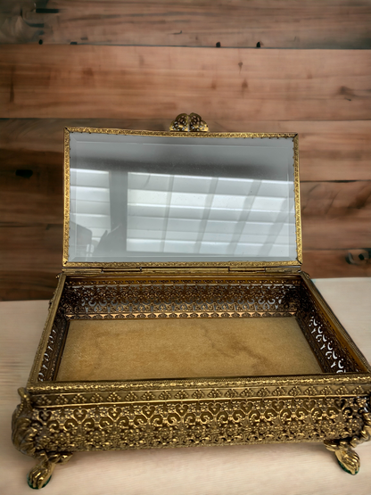 Gorgeous Glass Top Golden Clawfoot Jewelry Box